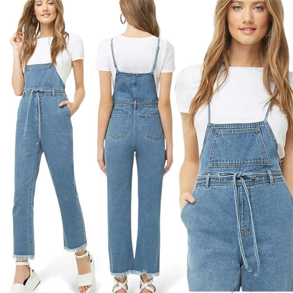Forever 21 Ankle Length Raw Hem Square Neckline Drawstring Waist Denim Overalls